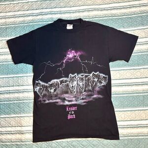 Vintage Leader of the Pack Wolves Lightning Black Tee Sz Medium